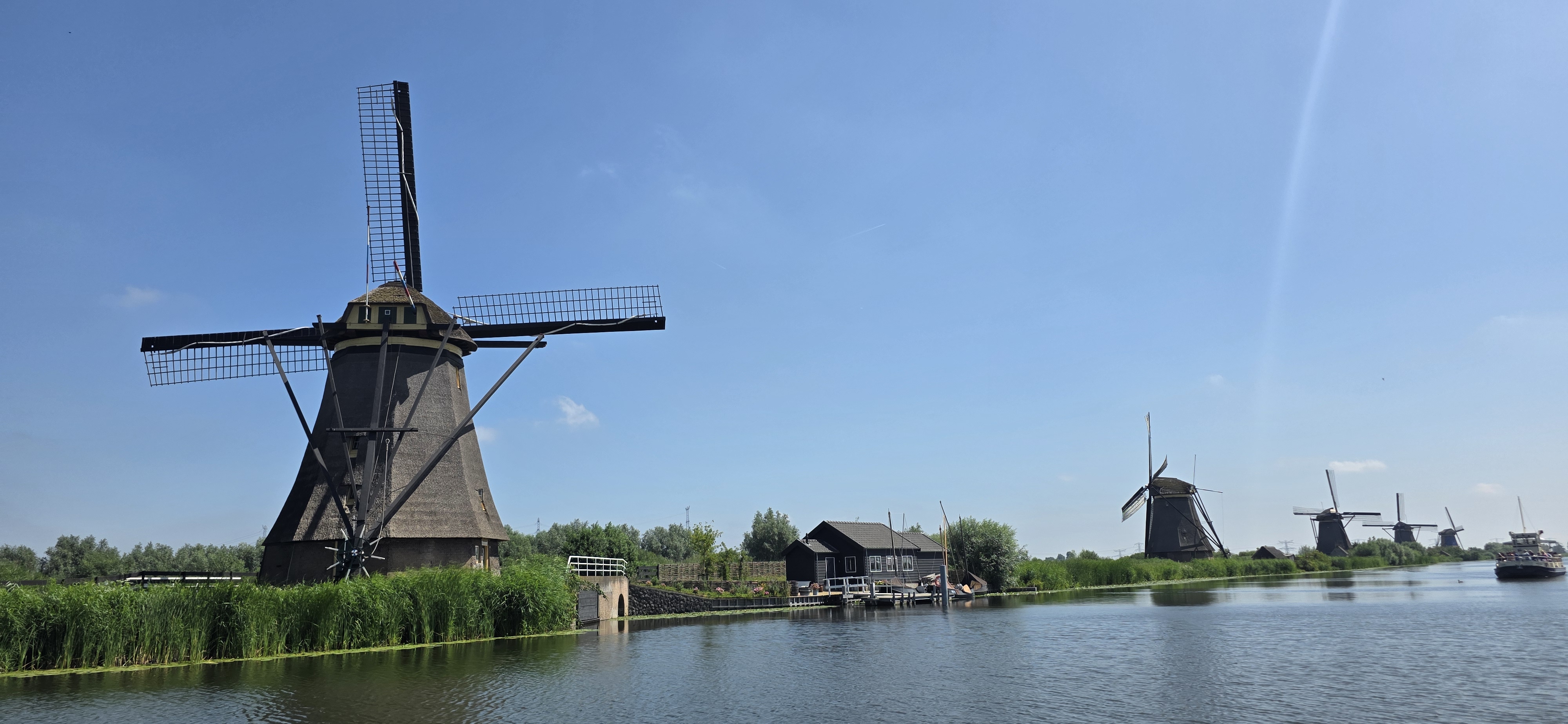 Historic windmills beside the waterways at Kinderdijk