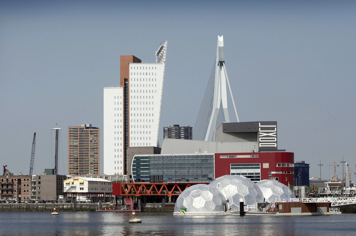 Rotterdam skyline view from the Erasmus Bridge over the Maas River