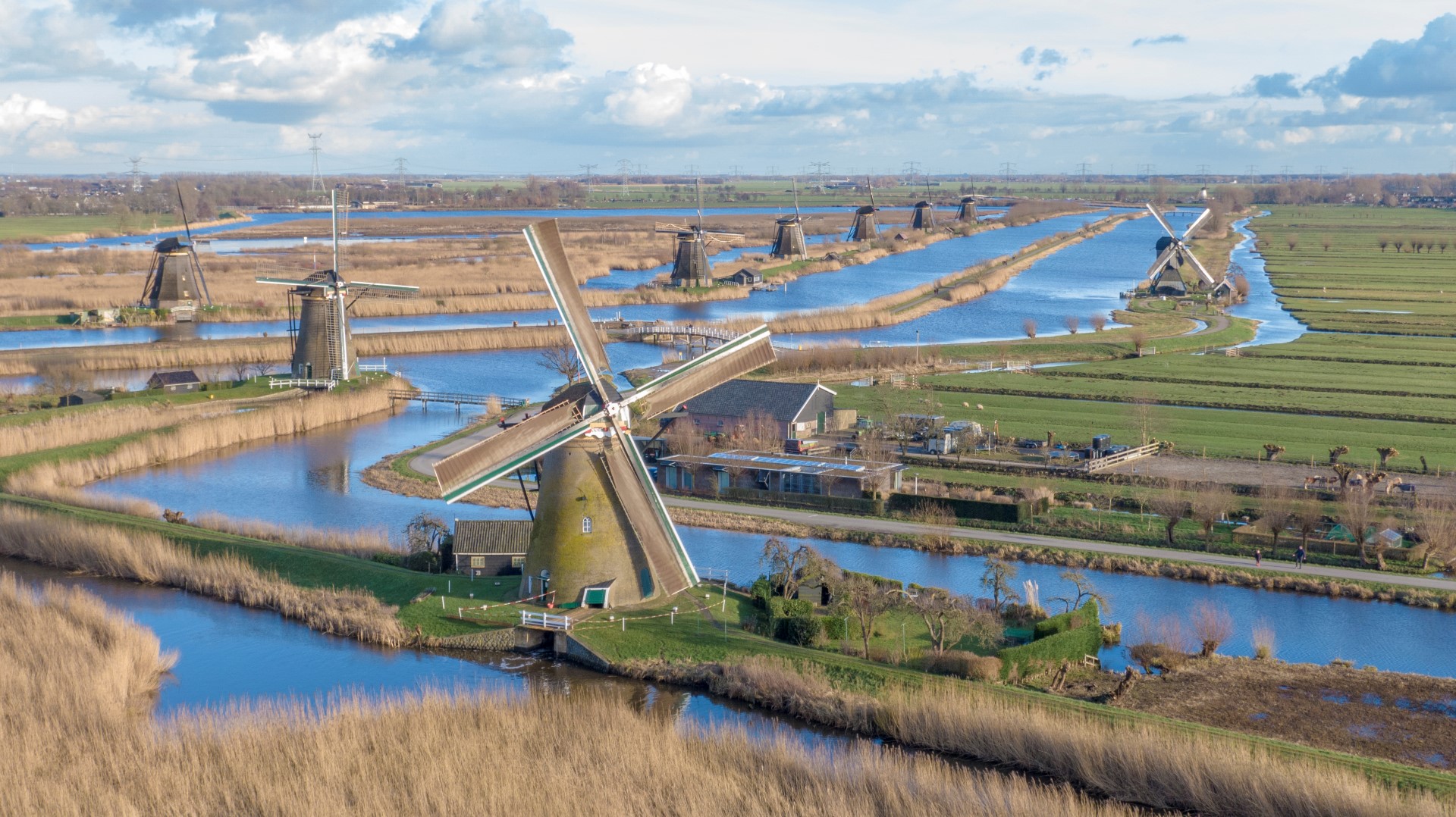Canals, dikes and windmills showing Dutch water management at Kinderdijk