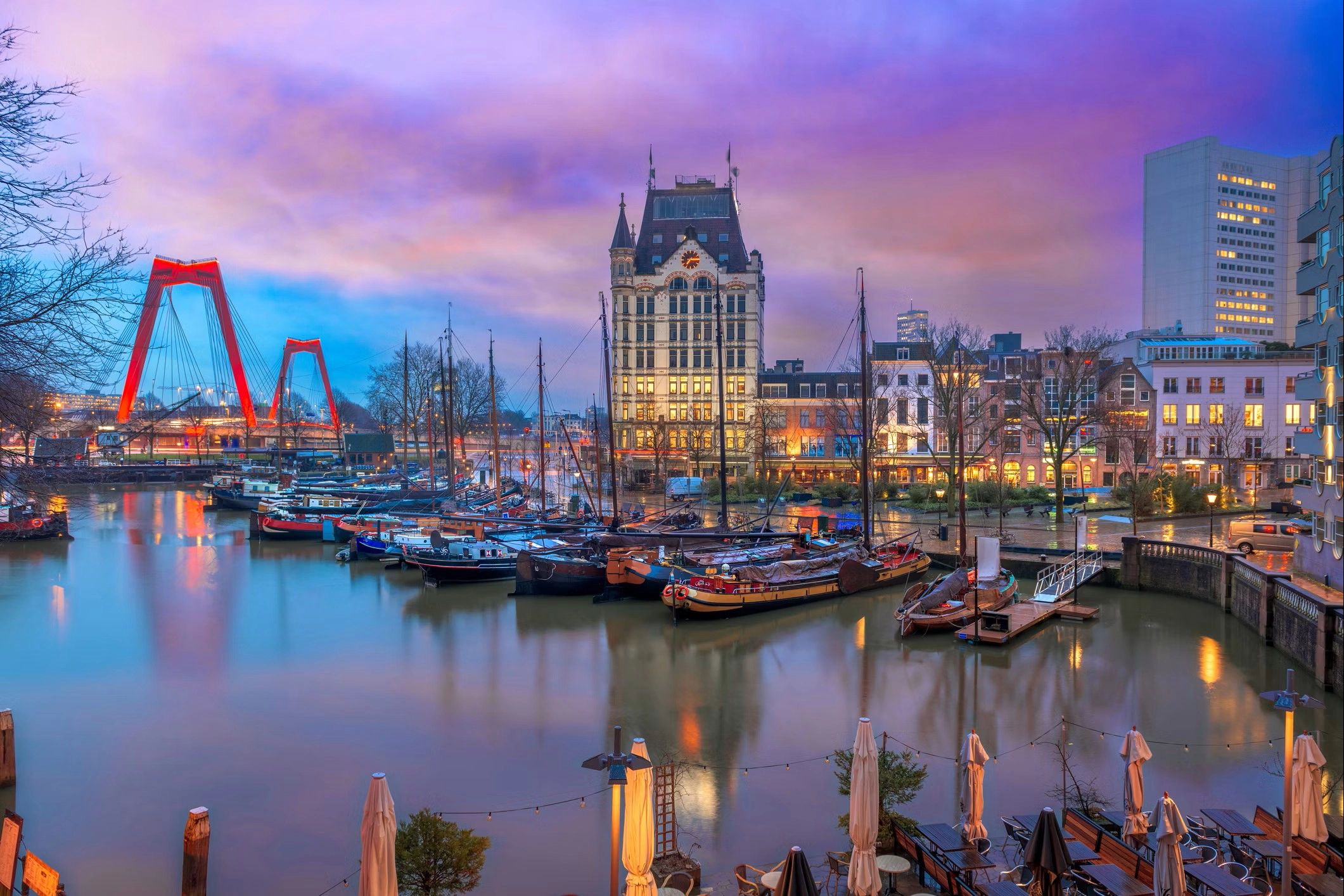 Rotterdam skyline, Erasmus Bridge and Maas River during a private tour